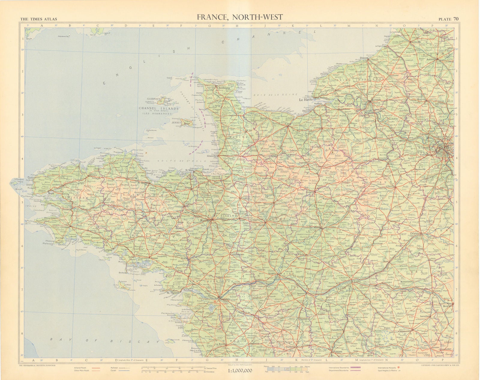 France north-west. Normandy Brittany Pays de Loire. TIMES 1955 old vintage map